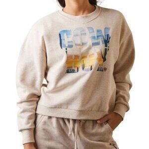 Ariat Women's Heather Oatmeal Long Sleeve Cowboy Graphic Crew Sweater Size M
